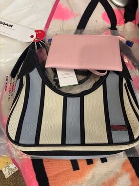 Striped Blue & Cream Shoulder Bag with Pink Pouch